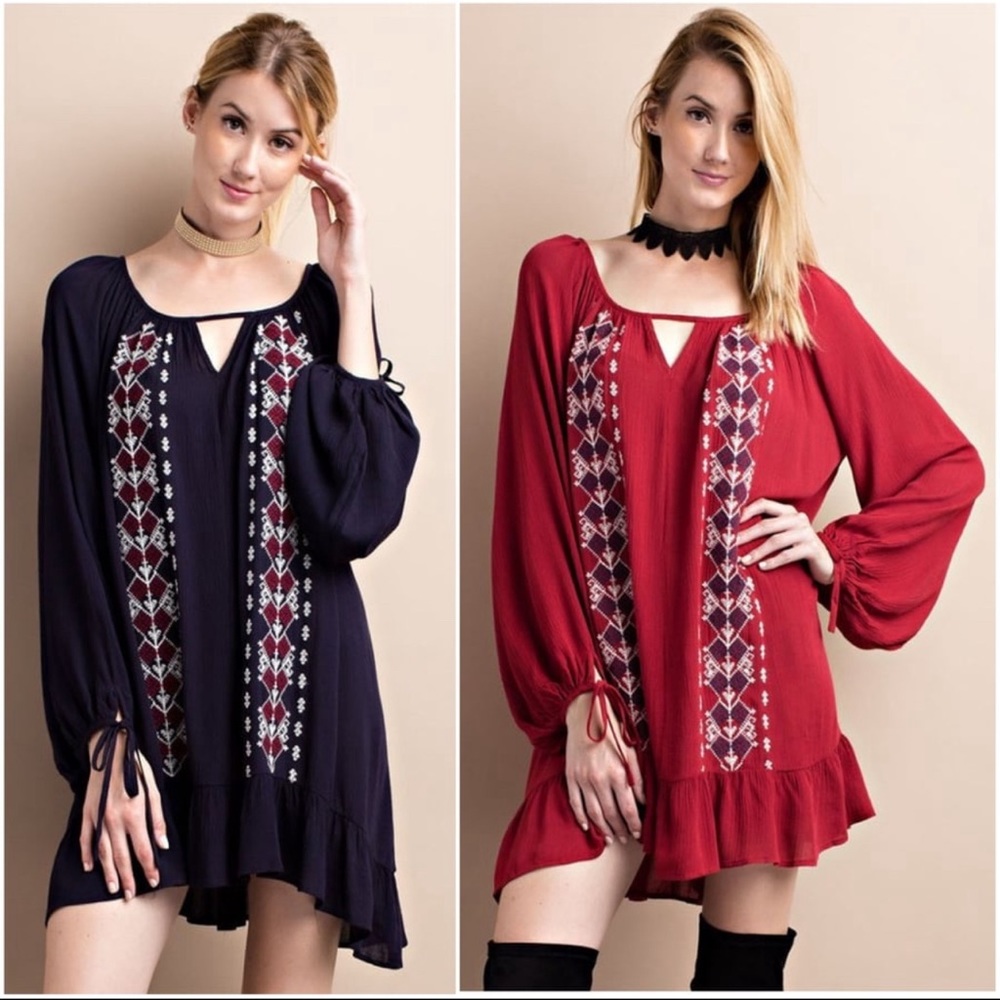 Easel Cranberry Ruffled Embroidery Tunic Dress